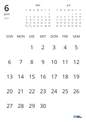 Monatliche Kalender-Vorlage mit reinem Datumsraster und Mini-Kalendern für Vormonat und Folgemonat (Hochformat)
