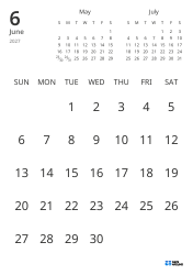 Monthly calendar template showing only dates with mini calendars for the previous and next months (Portrait)
