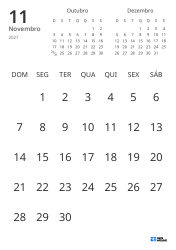 Modelo de calendário mensal com apenas as datas e mini calendários do mês anterior e seguinte (Retrato)