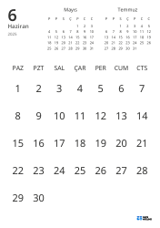 Yalnızca tarihleri gösteren ve önceki ile sonraki ayın mini takvimlerini içeren aylık takvim şablonu (Dikey)