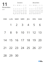 Modèle de calendrier mensuel affichant uniquement les dates avec mini-calendriers du mois précédent et du mois suivant (Portrait)