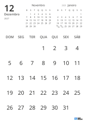 Modelo de calendário mensal com apenas as datas e mini calendários do mês anterior e seguinte (Retrato)