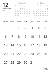 Plantilla de calendario mensual solo con fechas e incluye mini calendarios del mes anterior y siguiente (Vertical)