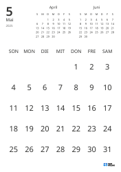 Monatliche Kalender-Vorlage mit reinem Datumsraster und Mini-Kalendern für Vormonat und Folgemonat (Hochformat)
