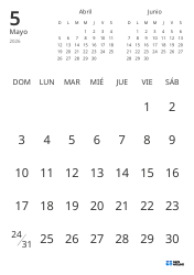 Plantilla de calendario mensual solo con fechas e incluye mini calendarios del mes anterior y siguiente (Vertical)