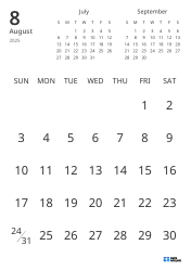 Monthly calendar template showing only dates with mini calendars for the previous and next months (Portrait)