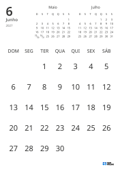Modelo de calendário mensal com apenas as datas e mini calendários do mês anterior e seguinte (Retrato)