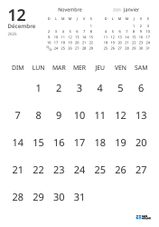 Modèle de calendrier mensuel affichant uniquement les dates avec mini-calendriers du mois précédent et du mois suivant (Portrait)
