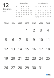 Modello di calendario mensile con solo le date e mini calendari del mese precedente e successivo (Verticale)