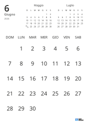 Modello di calendario mensile con solo le date e mini calendari del mese precedente e successivo (Verticale)