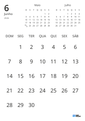Modelo de calendário mensal com apenas as datas e mini calendários do mês anterior e seguinte (Retrato)
