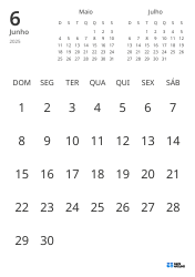Modelo de calendário mensal com apenas as datas e mini calendários do mês anterior e seguinte (Retrato)