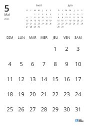Modèle de calendrier mensuel affichant uniquement les dates avec mini-calendriers du mois précédent et du mois suivant (Portrait)
