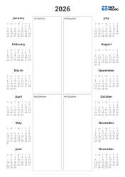 A portrait yearly calendar featuring mini monthly calendars and a large central box for recording key schedules and notes for all four quarters.