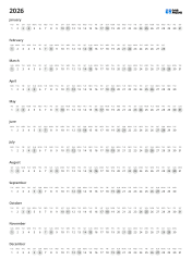 Annual calendar template with all dates arranged horizontally by month(Portrait)