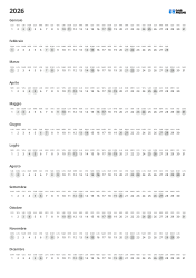 Modello di calendario annuale con tutte le date disposte orizzontalmente per mese(Verticale)