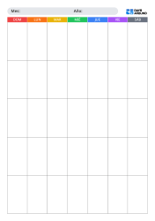 Calendario mensual vertical sin fechas con encabezados arcoíris vibrantes y opciones de inicio en domingo o lunes y diseño de 5 o 6 semanas