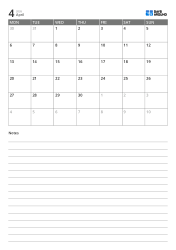 Monday Start Calendar with Notes