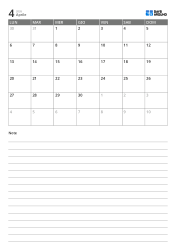 Template di calendario mensile verticale di 5 settimane con inizio lunedì e area note inferiore per annotazioni rapide