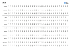 Modello di calendario annuale con disposizione orizzontale mensile e linee di separazione ogni tre mesi(Orizzontale)