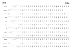 Annual calendar template with dates arranged horizontally by month and divided by 3-month sections(Landscape)