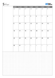 Modello di calendario mensile verticale con calendario di 6 settimane con inizio domenica, spazio note a sinistra e ampia griglia note in basso