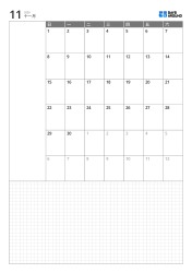 纵向月历模板，周日开始的6周月历，左侧笔记区，下方较宽的网格笔记区