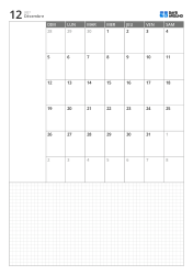Modèle de calendrier mensuel portrait avec calendrier sur 6 semaines commençant le dimanche, espace de notes à gauche et grande grille en bas