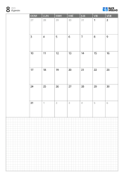Plantilla de calendario mensual vertical con calendario de 6 semanas que inicia en domingo, espacio de notas a la izquierda y amplia cuadrícula inferior