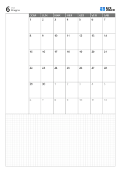 Modello di calendario mensile verticale con calendario di 6 settimane con inizio domenica, spazio note a sinistra e ampia griglia note in basso