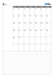 Modèle de calendrier mensuel portrait avec calendrier sur 6 semaines commençant le dimanche, espace de notes à gauche et grande grille en bas