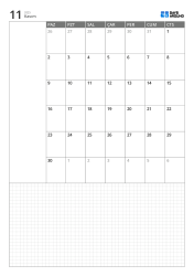 Dikey aylık takvim şablonu, pazar başlangıçlı 6 haftalık takvim, solda not alanı ve altta geniş grid not bölümü
