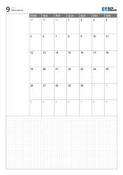 Modelo de calendário mensal em retrato com calendário de 6 semanas iniciando no domingo, área de notas à esquerda e ampla grade inferior