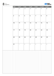 Dikey aylık takvim şablonu, pazar başlangıçlı 6 haftalık takvim, solda not alanı ve altta geniş grid not bölümü