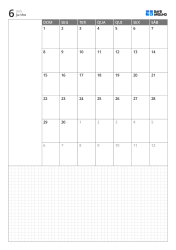 Modelo de calendário mensal em retrato com calendário de 6 semanas iniciando no domingo, área de notas à esquerda e ampla grade inferior