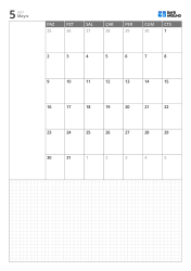 Dikey aylık takvim şablonu, pazar başlangıçlı 6 haftalık takvim, solda not alanı ve altta geniş grid not bölümü