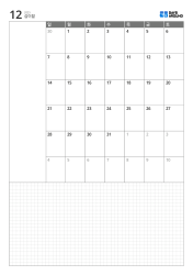 세로형 월간 달력 템플릿, 일요일 시작 6주 월간 달력과 좌측 메모 공간, 넓은 하단 모눈 그리드 메모 영역이 있는 자유 활용 메모형 캘린더