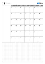Modèle de calendrier mensuel portrait avec calendrier sur 6 semaines commençant le dimanche, espace de notes à gauche et grande grille en bas