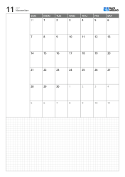 Portrait monthly calendar template with Sunday-start 6-week calendar, left memo area and large bottom grid note section