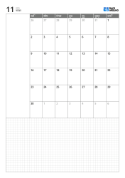 पोर्ट्रेट मासिक कैलेंडर टेम्पलेट, रविवार से शुरू होने वाला 6-सप्ताह कैलेंडर, बाईं ओर नोट क्षेत्र और नीचे बड़ा ग्रिड नोट सेक्शन