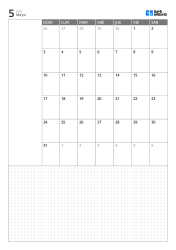 Plantilla de calendario mensual vertical con calendario de 6 semanas que inicia en domingo, espacio de notas a la izquierda y amplia cuadrícula inferior