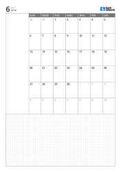 Portrait monthly calendar template with Sunday-start 6-week calendar, left memo area and large bottom grid note section