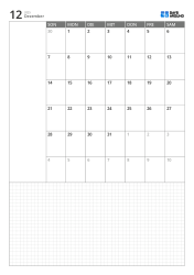Monatskalender-Vorlage im Portrait-Format mit 6-Wochen-Kalender ab Sonntag, Notizbereich links und großem Grid-Notizbereich unten
