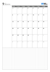 Plantilla de calendario mensual vertical con calendario de 6 semanas que inicia en domingo, espacio de notas a la izquierda y amplia cuadrícula inferior