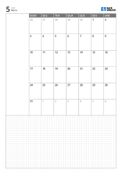 Modelo de calendário mensal em retrato com calendário de 6 semanas iniciando no domingo, área de notas à esquerda e ampla grade inferior