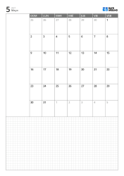 Plantilla de calendario mensual vertical con calendario de 6 semanas que inicia en domingo, espacio de notas a la izquierda y amplia cuadrícula inferior