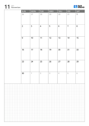 Portrait monthly calendar template with Sunday-start 6-week calendar, left memo area and large bottom grid note section