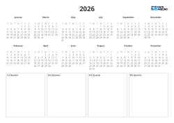 Printable yearly calendar template with monthly mini calendars and a large boxed section at the bottom for recording key schedules and notes for Q1–Q4 (landscape)