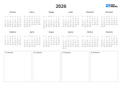 Modello di calendario annuale stampabile con mini calendari mensili e un ampio spazio a riquadri nella parte inferiore per annotare impegni e note principali dal 1° al 4° trimestre (orizzontale)