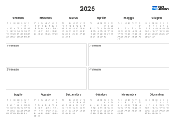 Calendario annuale orizzontale con mini calendari mensili e un ampio riquadro centrale per annotare impegni e note dei quattro trimestri.